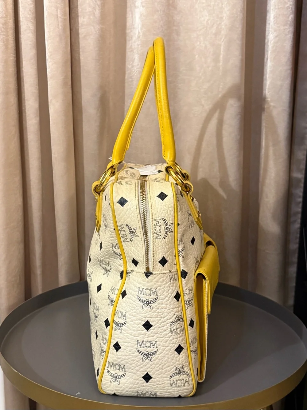 MCM White Visetos Double Pocket Satchel with Yellow Leather Trim